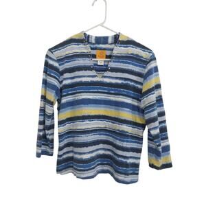 Ruby Red Petite Womens Size Pm Yelllow BlueWhite 3/4 Sleeve Blouse Beaded Accent